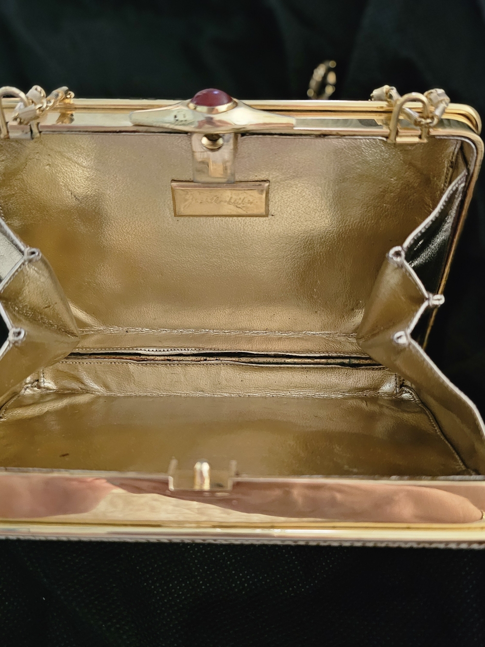 Vintage Judith Leiber Lizard Skin Minaudière Evening Bag Red Cabochon Clasp - Picture 6 of 10